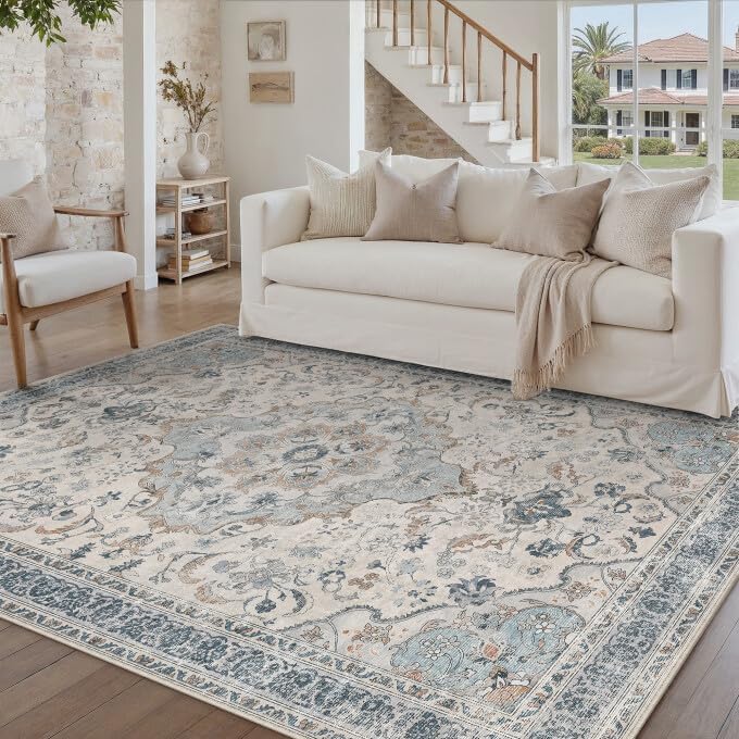 Green 8x10 Area Rug for Living Room Vintage Machine Washable Large Rug Non-Slip Soft Low Pile Carpet Floral Stain Resistant Indoor Office Throw Rug for Bedroom Dining Room Nursery