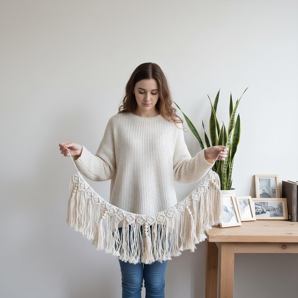 Bohemian Macrame Handmade Fringe Garland, Boho Wall Hanging Decor with Tassels,Macrame Hanging Tassel for Wall/Door/Basket Decoration