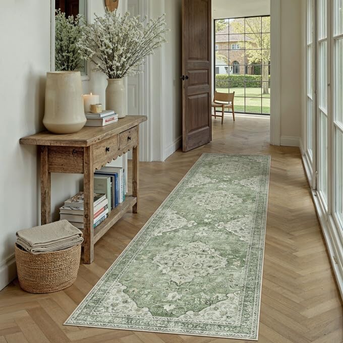 Green 8x10 Area Rug for Living Room Vintage Machine Washable Large Rug Non-Slip Soft Low Pile Carpet Floral Stain Resistant Indoor Office Throw Rug for Bedroom Dining Room Nursery