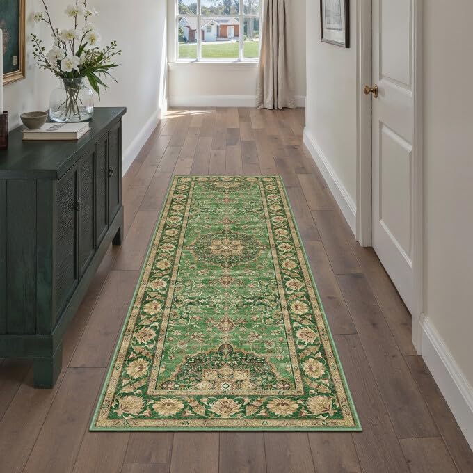 Green 8x10 Area Rug for Living Room Vintage Machine Washable Large Rug Non-Slip Soft Low Pile Carpet Floral Stain Resistant Indoor Office Throw Rug for Bedroom Dining Room Nursery