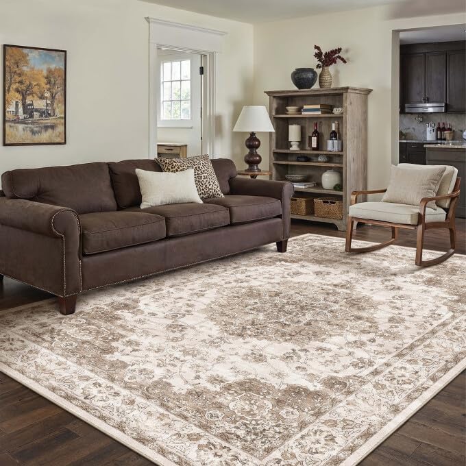 Green 8x10 Area Rug for Living Room Vintage Machine Washable Large Rug Non-Slip Soft Low Pile Carpet Floral Stain Resistant Indoor Office Throw Rug for Bedroom Dining Room Nursery