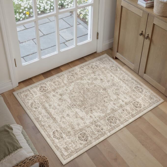 Green 8x10 Area Rug for Living Room Vintage Machine Washable Large Rug Non-Slip Soft Low Pile Carpet Floral Stain Resistant Indoor Office Throw Rug for Bedroom Dining Room Nursery