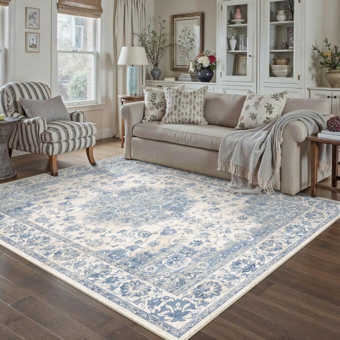 Green 8x10 Area Rug for Living Room Vintage Machine Washable Large Rug Non-Slip Soft Low Pile Carpet Floral Stain Resistant Indoor Office Throw Rug for Bedroom Dining Room Nursery