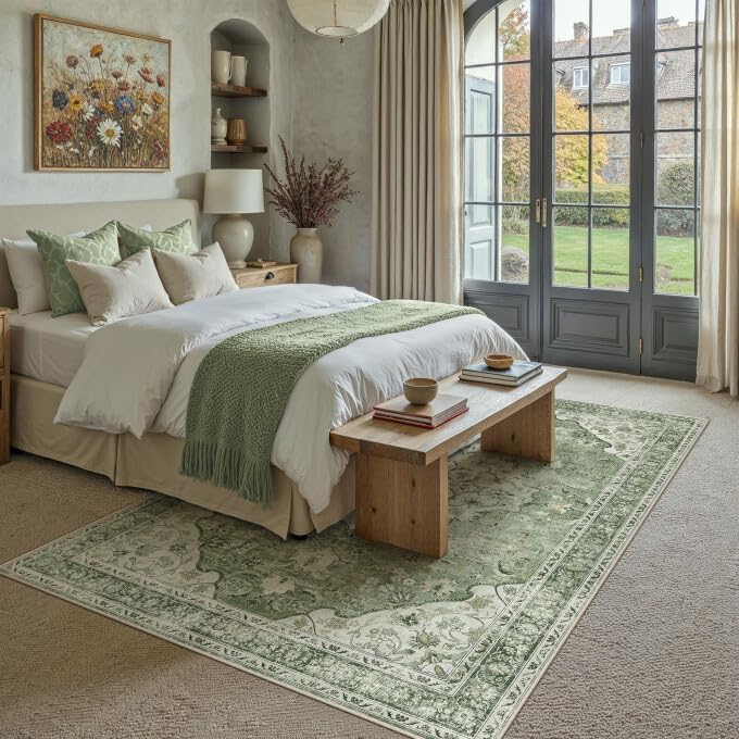 Green 8x10 Area Rug for Living Room Vintage Machine Washable Large Rug Non-Slip Soft Low Pile Carpet Floral Stain Resistant Indoor Office Throw Rug for Bedroom Dining Room Nursery