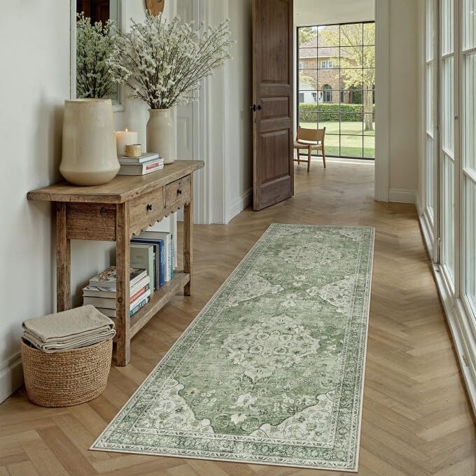 Green 8x10 Area Rug for Living Room Vintage Machine Washable Large Rug Non-Slip Soft Low Pile Carpet Floral Stain Resistant Indoor Office Throw Rug for Bedroom Dining Room Nursery