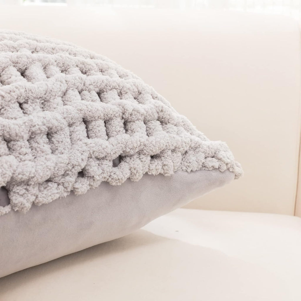 Grey Chunky Knit Throw Pillow Covers 1PC 18"×18" Square Luxury Style Crochet Pillow Case Fur Pillowcases Decorative Pillow Shell for Sofa Bedroom Cushion