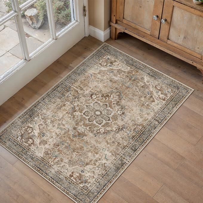 Green 8x10 Area Rug for Living Room Vintage Machine Washable Large Rug Non-Slip Soft Low Pile Carpet Floral Stain Resistant Indoor Office Throw Rug for Bedroom Dining Room Nursery