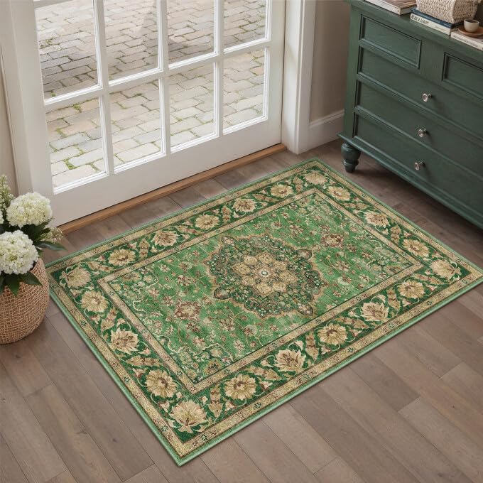 Green 8x10 Area Rug for Living Room Vintage Machine Washable Large Rug Non-Slip Soft Low Pile Carpet Floral Stain Resistant Indoor Office Throw Rug for Bedroom Dining Room Nursery
