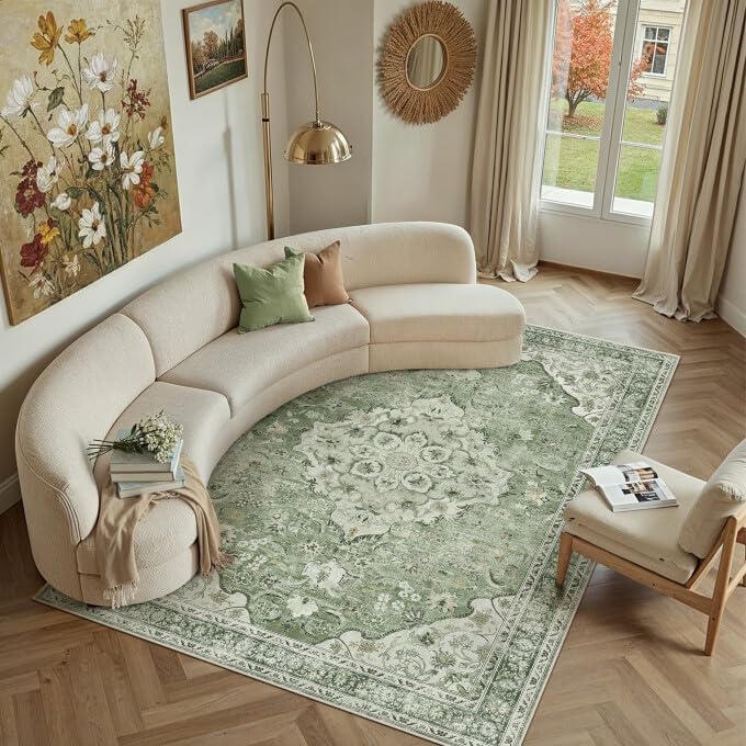 Green 8x10 Area Rug for Living Room Vintage Machine Washable Large Rug Non-Slip Soft Low Pile Carpet Floral Stain Resistant Indoor Office Throw Rug for Bedroom Dining Room Nursery