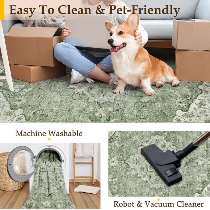 Green 8x10 Area Rug for Living Room Vintage Machine Washable Large Rug Non-Slip Soft Low Pile Carpet Floral Stain Resistant Indoor Office Throw Rug for Bedroom Dining Room Nursery