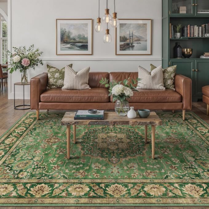 Green 8x10 Area Rug for Living Room Vintage Machine Washable Large Rug Non-Slip Soft Low Pile Carpet Floral Stain Resistant Indoor Office Throw Rug for Bedroom Dining Room Nursery
