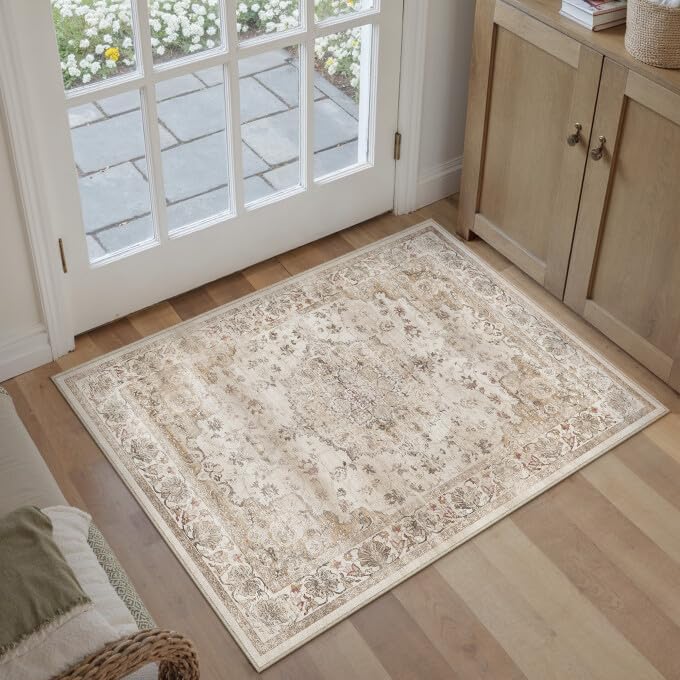 Green 8x10 Area Rug for Living Room Vintage Machine Washable Large Rug Non-Slip Soft Low Pile Carpet Floral Stain Resistant Indoor Office Throw Rug for Bedroom Dining Room Nursery