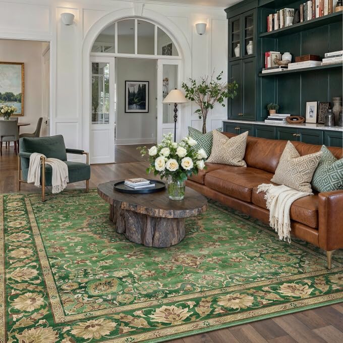 Green 8x10 Area Rug for Living Room Vintage Machine Washable Large Rug Non-Slip Soft Low Pile Carpet Floral Stain Resistant Indoor Office Throw Rug for Bedroom Dining Room Nursery