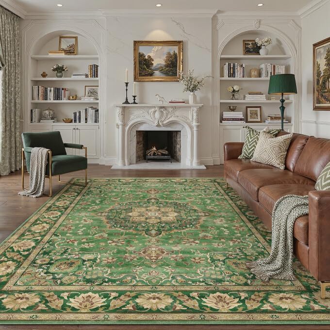 Green 8x10 Area Rug for Living Room Vintage Machine Washable Large Rug Non-Slip Soft Low Pile Carpet Floral Stain Resistant Indoor Office Throw Rug for Bedroom Dining Room Nursery