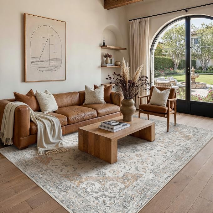 Green 8x10 Area Rug for Living Room Vintage Machine Washable Large Rug Non-Slip Soft Low Pile Carpet Floral Stain Resistant Indoor Office Throw Rug for Bedroom Dining Room Nursery