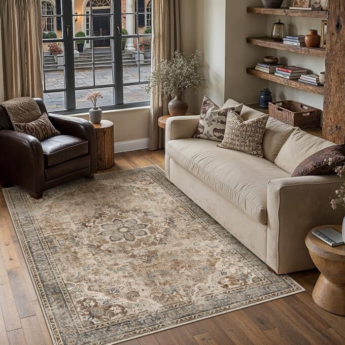 Green 8x10 Area Rug for Living Room Vintage Machine Washable Large Rug Non-Slip Soft Low Pile Carpet Floral Stain Resistant Indoor Office Throw Rug for Bedroom Dining Room Nursery