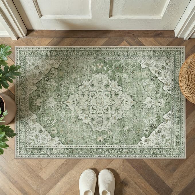 Green 8x10 Area Rug for Living Room Vintage Machine Washable Large Rug Non-Slip Soft Low Pile Carpet Floral Stain Resistant Indoor Office Throw Rug for Bedroom Dining Room Nursery