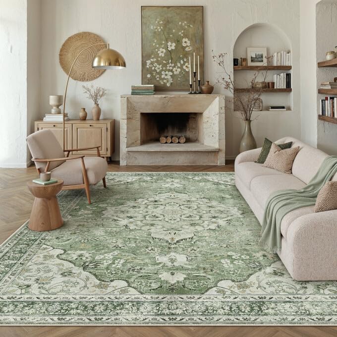 Green 8x10 Area Rug for Living Room Vintage Machine Washable Large Rug Non-Slip Soft Low Pile Carpet Floral Stain Resistant Indoor Office Throw Rug for Bedroom Dining Room Nursery