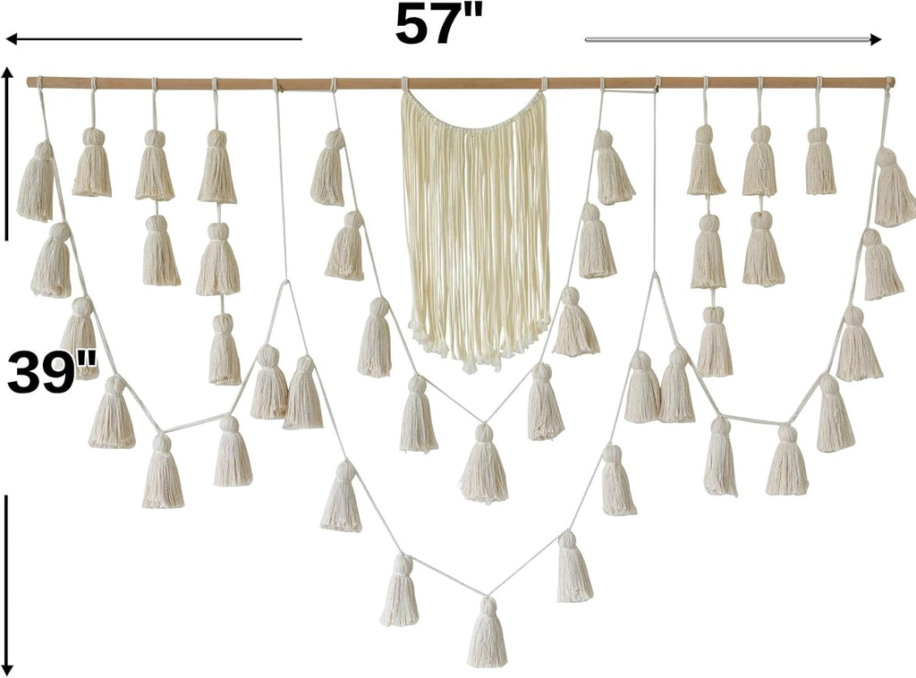 Jakalin Macrame Wall Hanging Boho Tassel Garland 57"x39" | Handmade Cotton Rope Wall Decor for Living Room, Bedroom, Nursery | Large Macrame Banner for Wedding Backdrop, Home Decoration