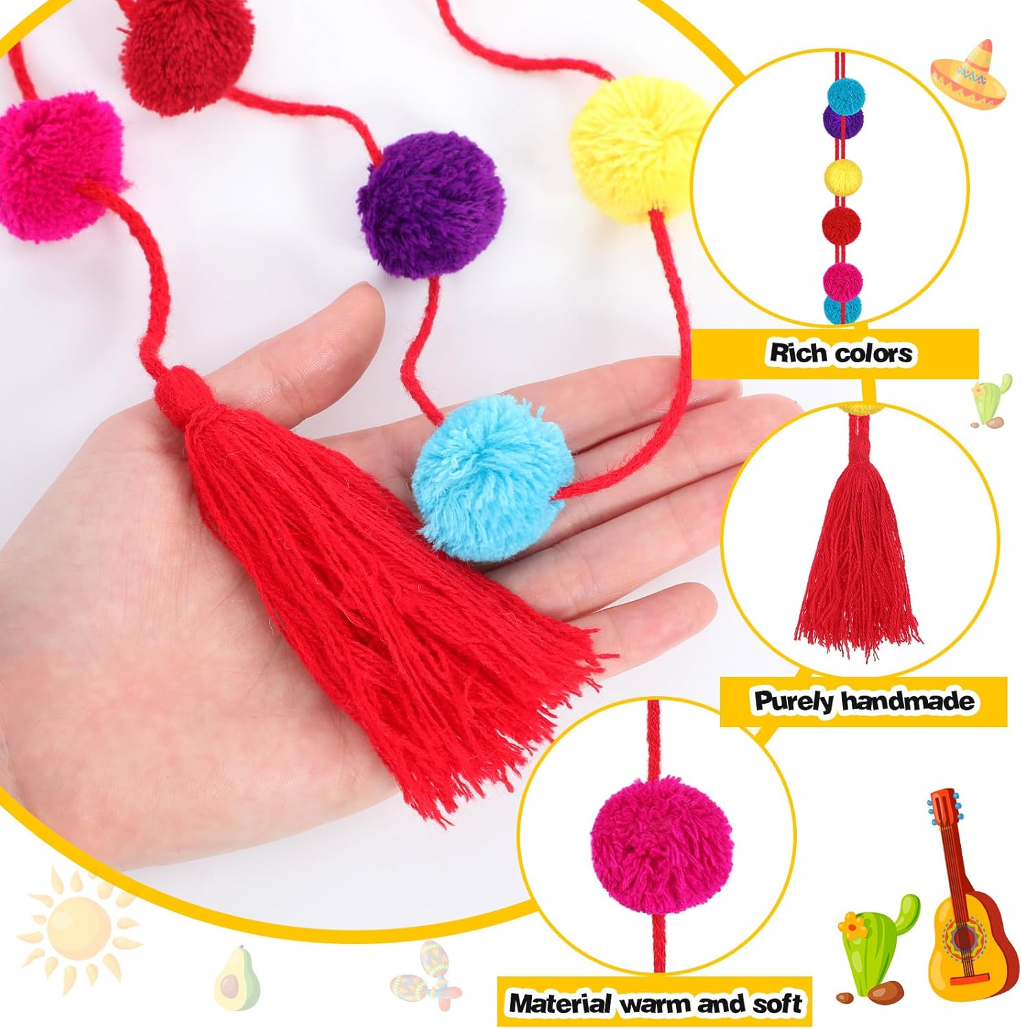 VitalCozy 12 Pcs Mexican Pom Pom Garland Colorful 59 Feet Fiesta Alter Yarn Tassel Day of The Dead Decorations Cinco De Mayo Party Decoration Mexican Tassel Garland Wool Ball Decor