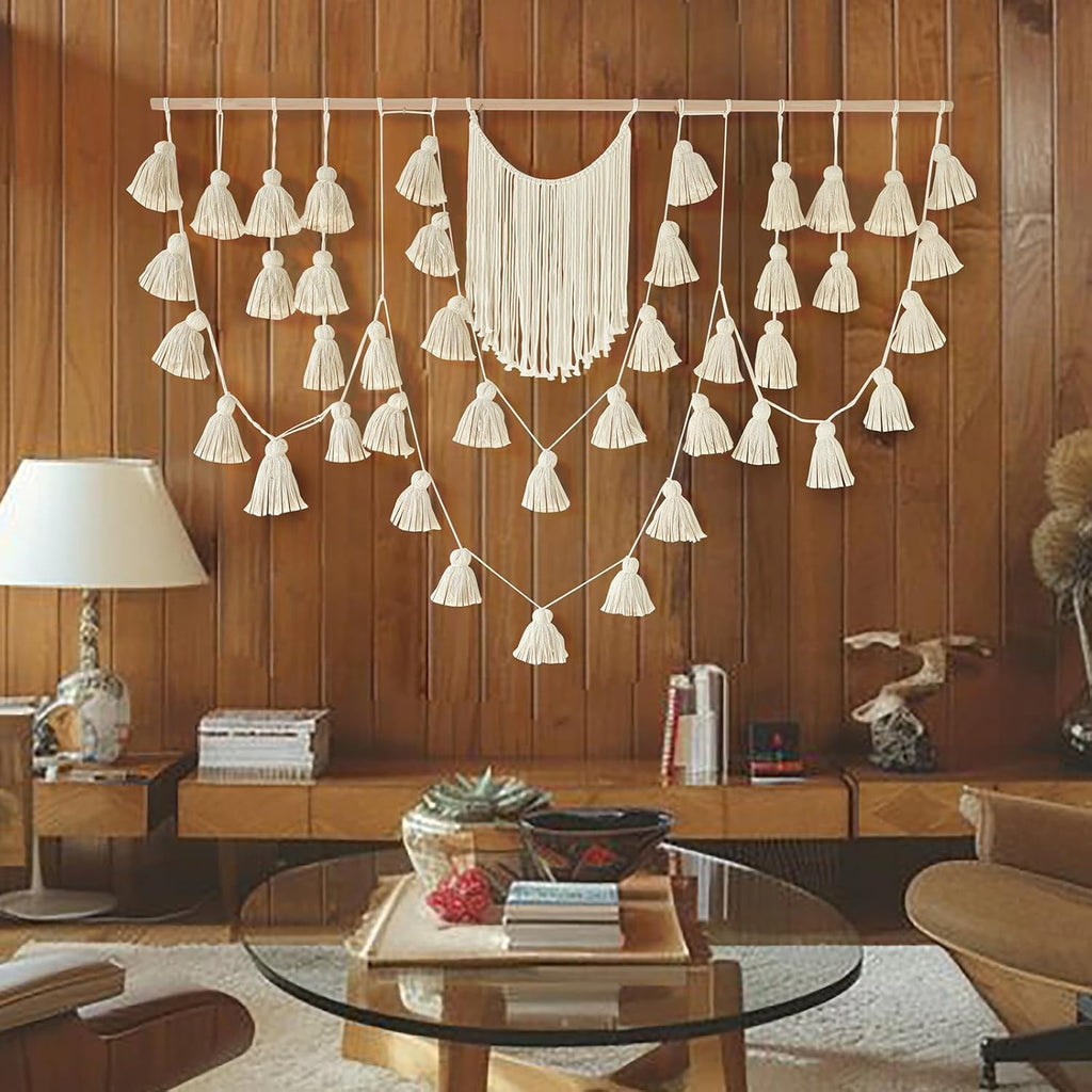 Jakalin Macrame Wall Hanging Boho Tassel Garland 57"x39" | Handmade Cotton Rope Wall Decor for Living Room, Bedroom, Nursery | Large Macrame Banner for Wedding Backdrop, Home Decoration