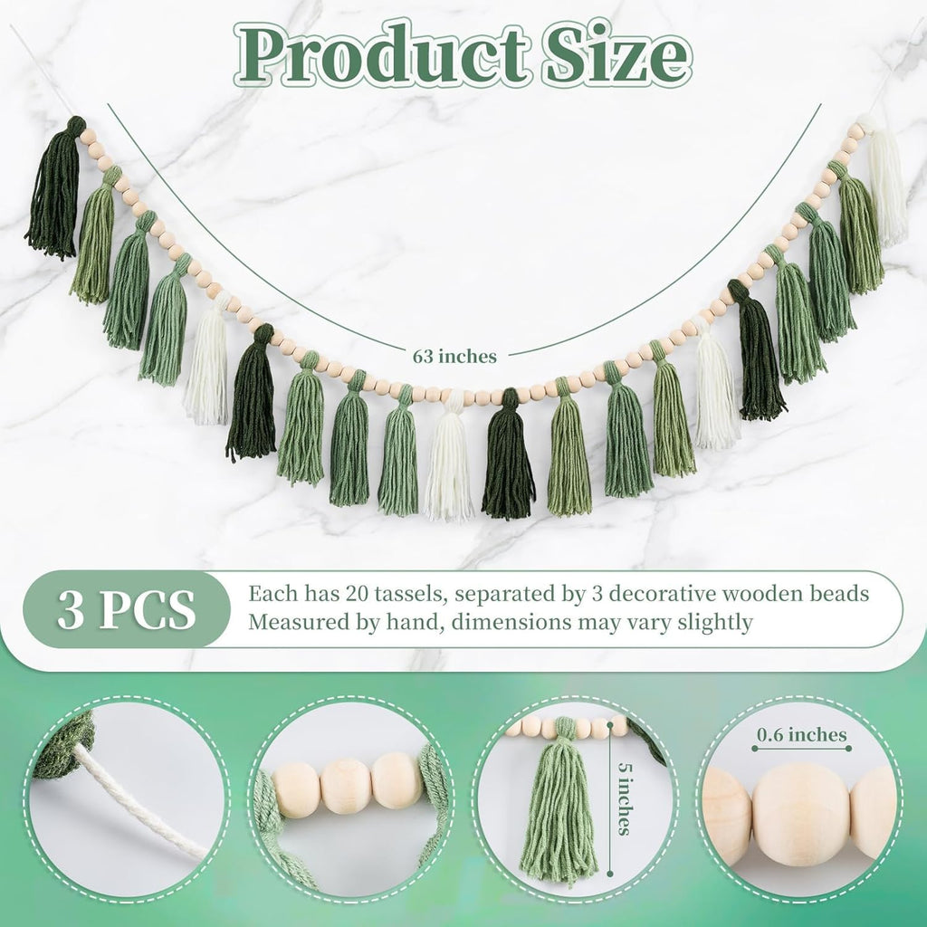 3 Pcs Green Boho Yarn Tassel Garlands Sage Green Wall Hanging Decoration with Wood Beads Neutral Woodland Forest Party Tassel Banner for Nursery Classroom Room Dorm Birthday Baby Shower Deco
