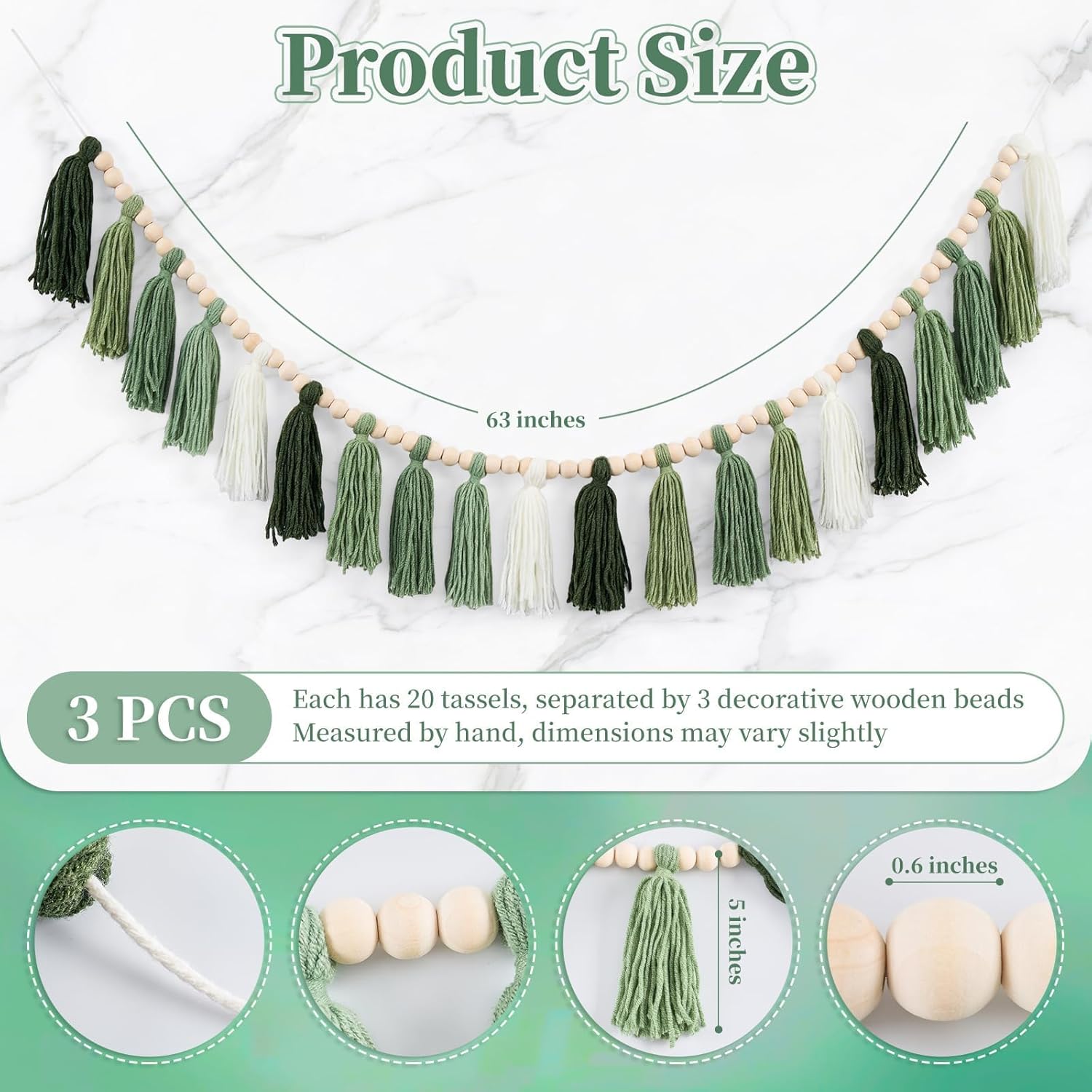3 Pcs Green Boho Yarn Tassel Garlands Sage Green Wall Hanging Decoration with Wood Beads Neutral Woodland Forest Party Tassel Banner for Nursery Classroom Room Dorm Birthday Baby Shower Deco