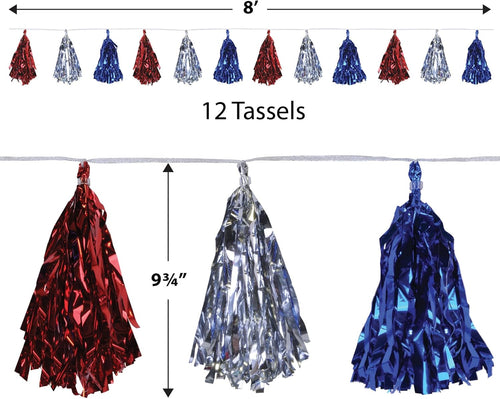 Beistle Beistle , 2 Piece Metallic Tassel Garlands, 9.75" x 8', 9.75" x 8', Red/Silver/Blue