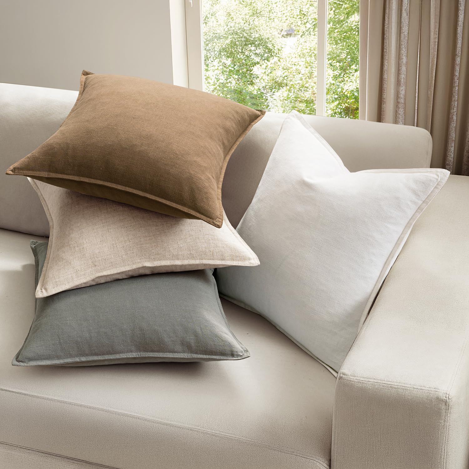 MIULEE Neutral Linen Pillow Covers Pack of 4 Decorative Natural Solid Throw Pillow Covers Soft Accent Boho Farmhouse Couch Pillowcases Modern Spring Home Decors for Living Room Bed Sofa 18x18 Inch