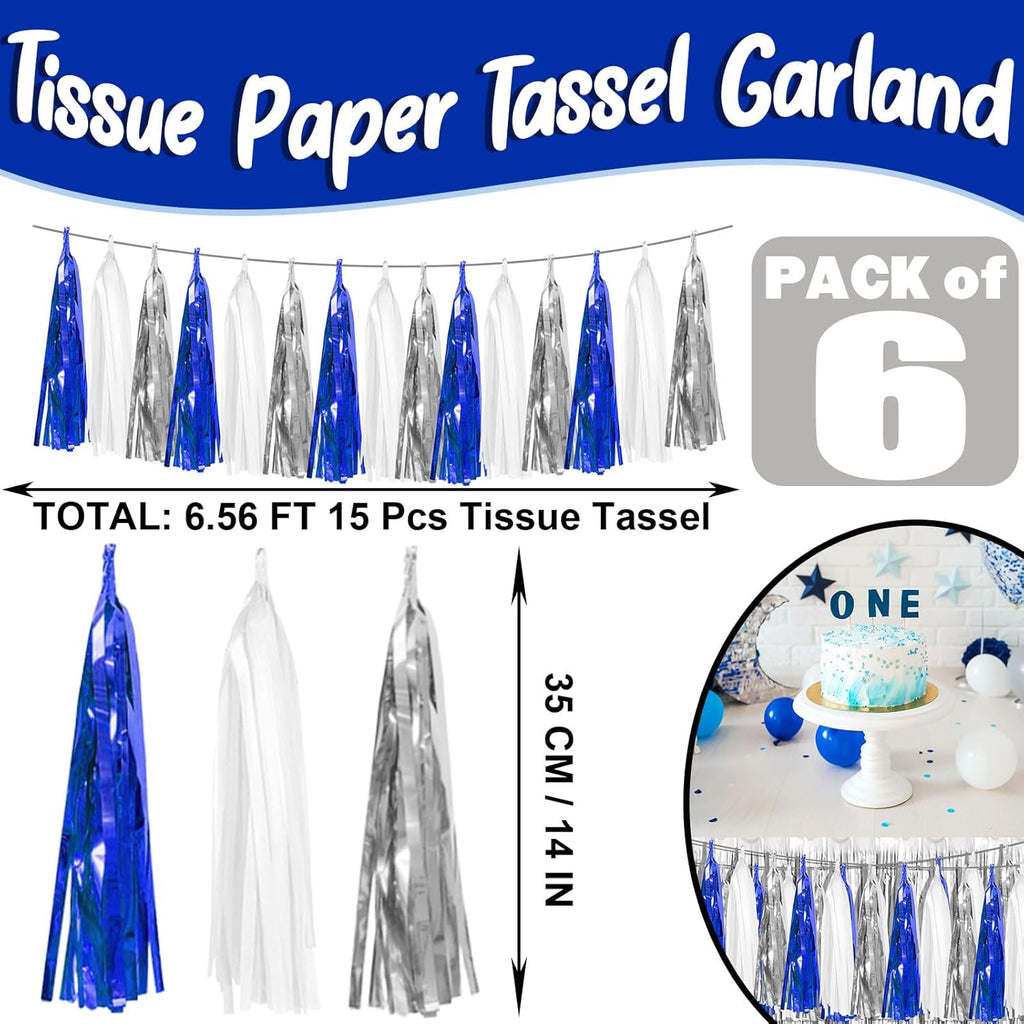 6P Navy-Blue White-Silver Tassel Garland Banner, Tassels Banner Streamers for Parade Floats, Bachelorette, Wedding, Birthday, Graduation, Christmas, Bridal/Baby Shower Party Decorations