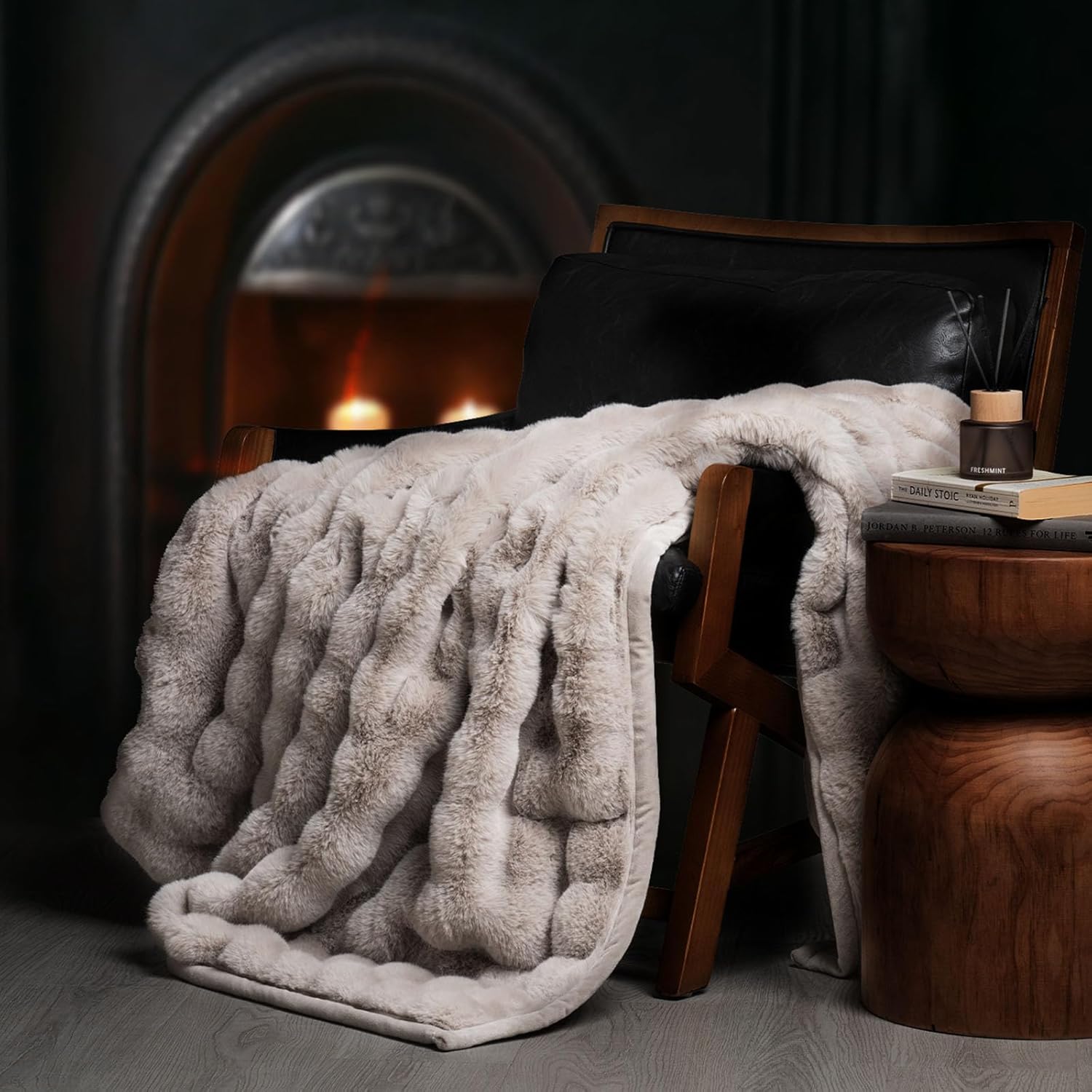 EverGrace Ultra Soft Luxury Fluffy Faux Rabbit Fur Throw Blanket, Thick Warm Bubble Throw for Bed, Cozy Plush Reversible Blankets for Couch, Chair, Sofa, Cream, 60x80 Inches