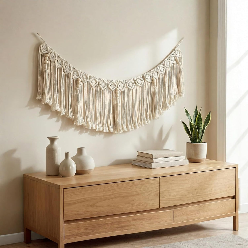 Bohemian Macrame Handmade Fringe Garland, Boho Wall Hanging Decor with Tassels,Macrame Hanging Tassel for Wall/Door/Basket Decoration