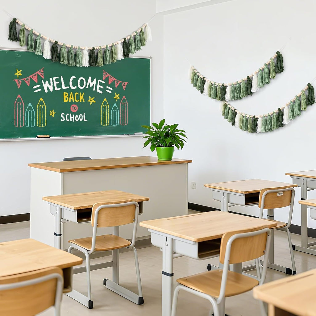 3 Pcs Green Boho Yarn Tassel Garlands Sage Green Wall Hanging Decoration with Wood Beads Neutral Woodland Forest Party Tassel Banner for Nursery Classroom Room Dorm Birthday Baby Shower Deco