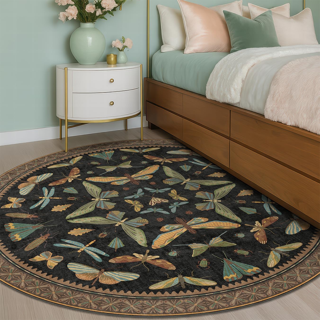 Living Room Rug Black Boho 6x9 - Dining Room Rugs for Under Table, Bedroom, Insect Bug Eclectic Home Décor, Washable Non Slip Foldable