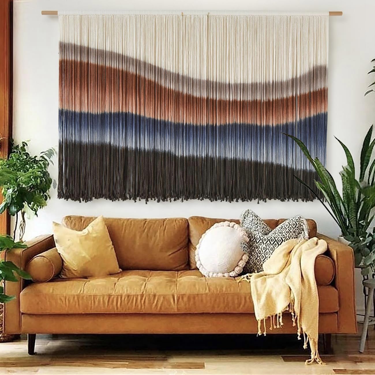 Flber Large Macrame Wall Hanging – Boho Yarn Art Garland with Tassels and Beads, Handmade Rope Decor for Nursery, Party, Wedding, Bedroom, Fireplace Mantel, or Photo Backdrop 57" W x 41" L