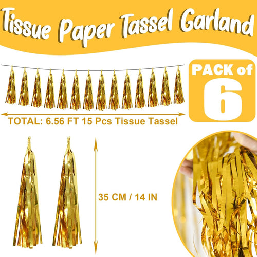 6P Gold Party Decoration Tassel Garland for Parade Floats, Bachelorette, Wedding, Birthday, Halloween, Christmas, Bridal/Baby Shower Party Decorations