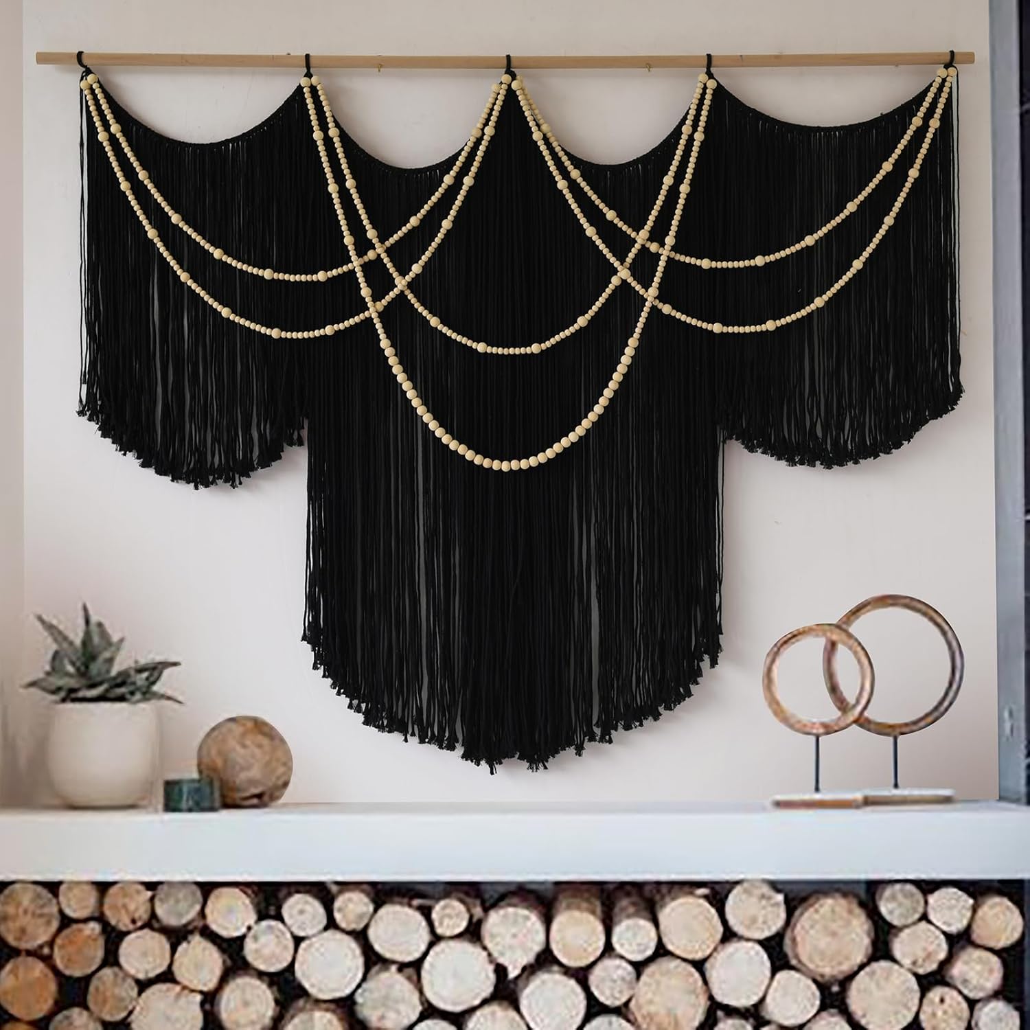 Flber Large Macrame Wall Hanging – Boho Yarn Art Garland with Tassels and Beads, Handmade Rope Decor for Nursery, Party, Wedding, Bedroom, Fireplace Mantel, or Photo Backdrop 57" W x 41" L