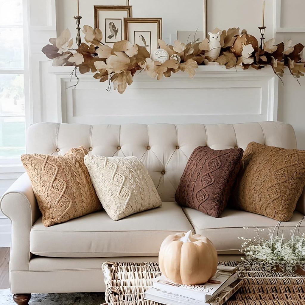 Tegeme Decorative Cable Knit Pillow Covers 18x18 Inch Neutral Sweater Couch Pillow Covers Winter Farmhouse Boho Pillowcase Square Warm Cushion Pillowcases for Bedroom Living Room Sofa