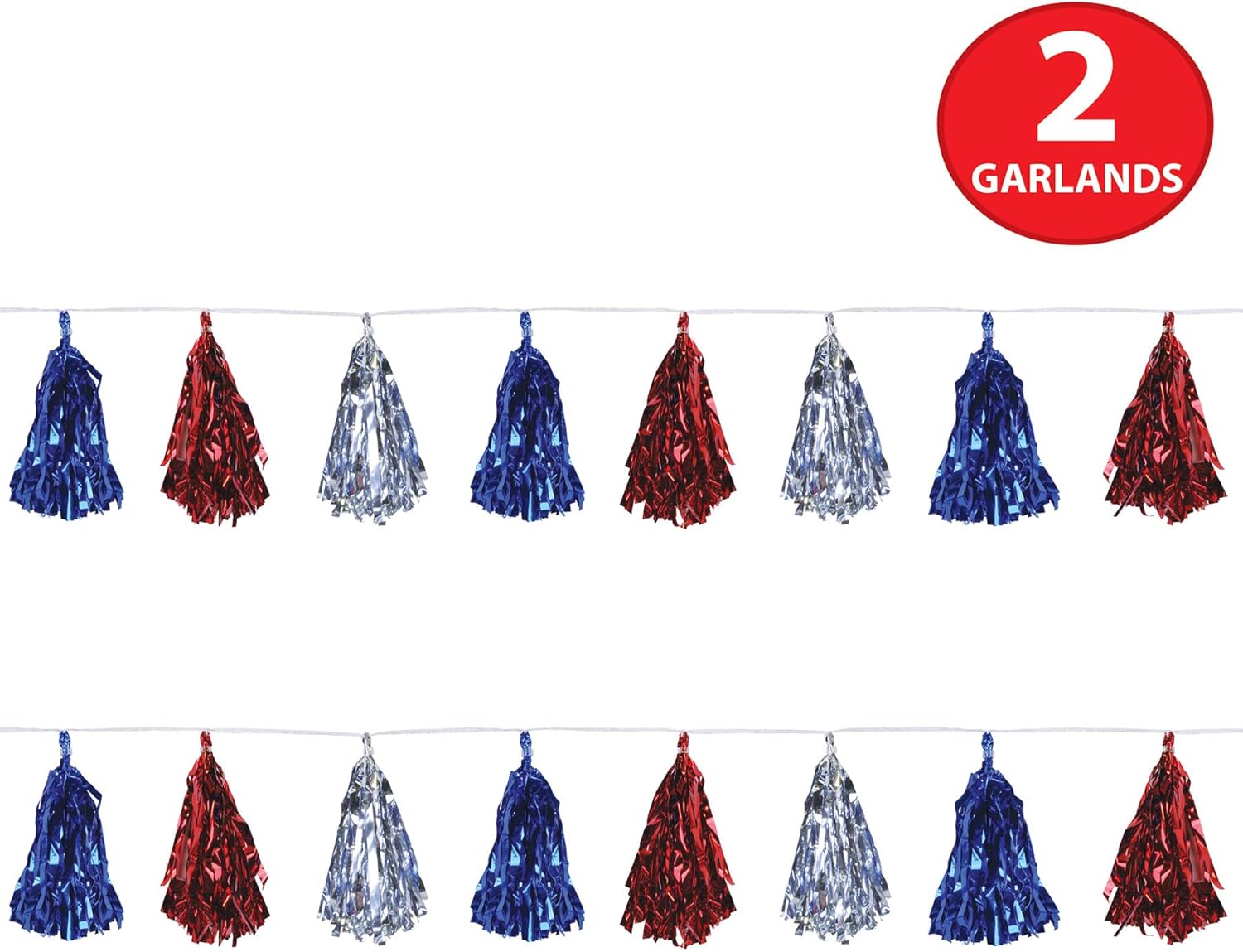 Beistle Beistle , 2 Piece Metallic Tassel Garlands, 9.75" x 8', 9.75" x 8', Red/Silver/Blue