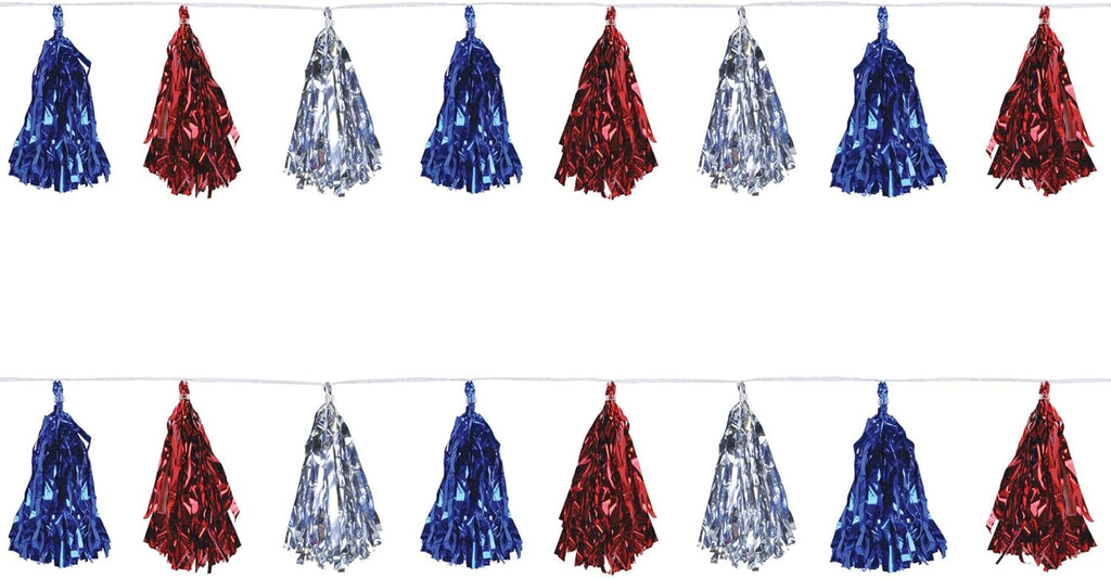 Beistle Beistle , 2 Piece Metallic Tassel Garlands, 9.75" x 8', 9.75" x 8', Red/Silver/Blue
