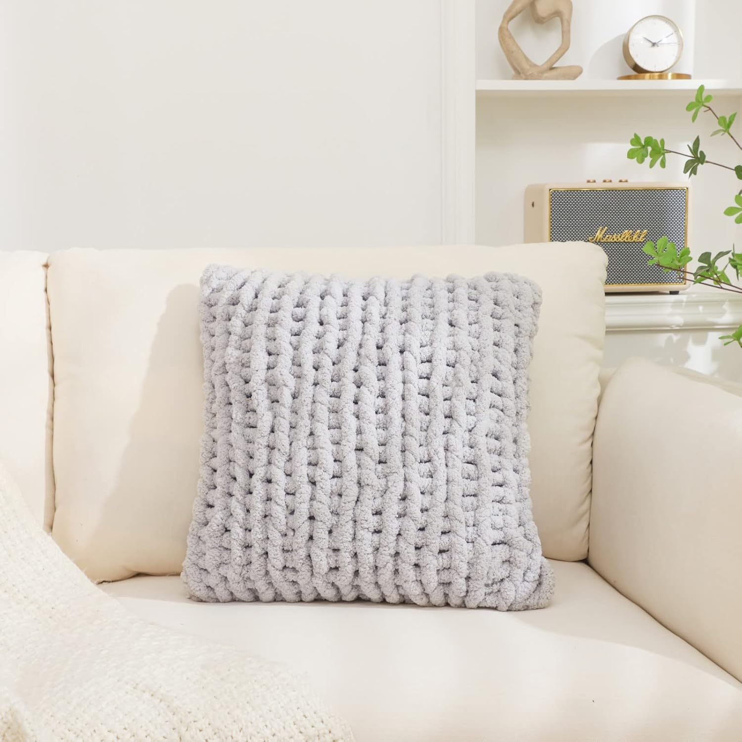 Grey Chunky Knit Throw Pillow Covers 1PC 18"×18" Square Luxury Style Crochet Pillow Case Fur Pillowcases Decorative Pillow Shell for Sofa Bedroom Cushion