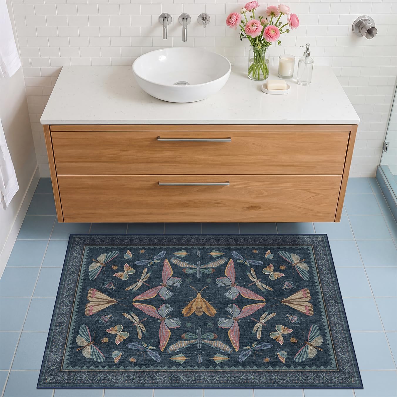 Living Room Rug Black Boho 6x9 - Dining Room Rugs for Under Table, Bedroom, Insect Bug Eclectic Home Décor, Washable Non Slip Foldable