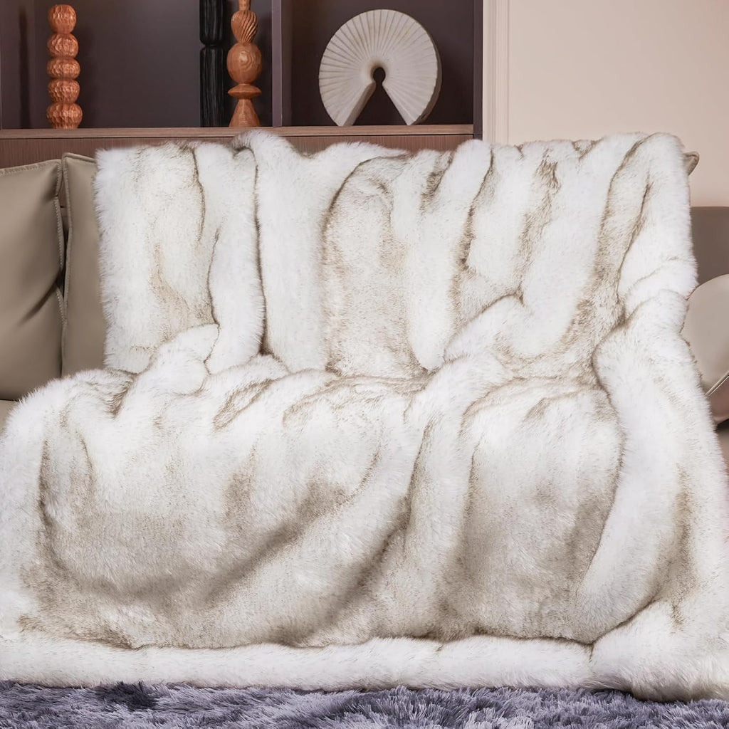Touchat 1000GSM Faux Fur Throw Blanket, Super Thick Warm Cozy Heavy Blankets for Couch Bed Sofa, Plush Fuzzy Elegant Winter Reversible Mink Blanket for Living Room Bedroom 50''x60'', WhiteBrown