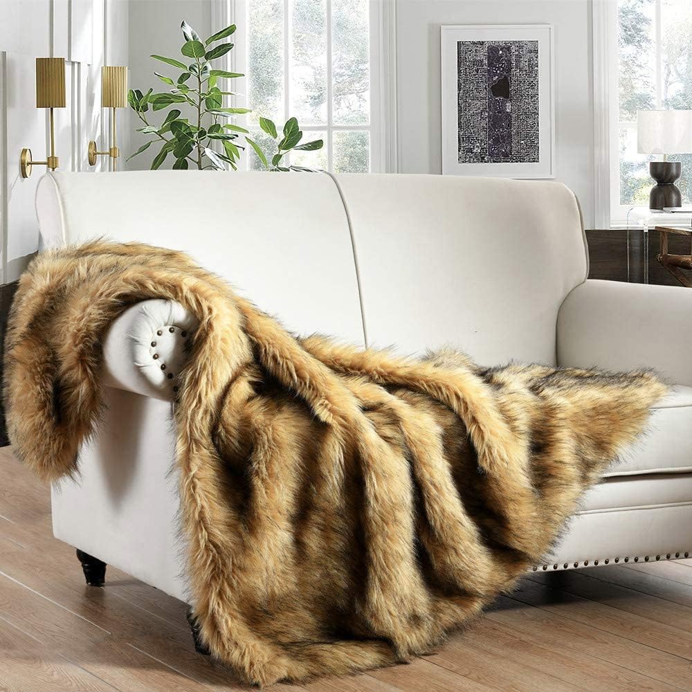 Luxury Plush Faux Fur Throw Blanket, Long Pile Brown with Black Tipped Blanket, Super Warm, Fuzzy, Elegant, Fluffy Decoration Blanket Scarf for Sofa, Armchair, Couch and Bed, 50''x 60''