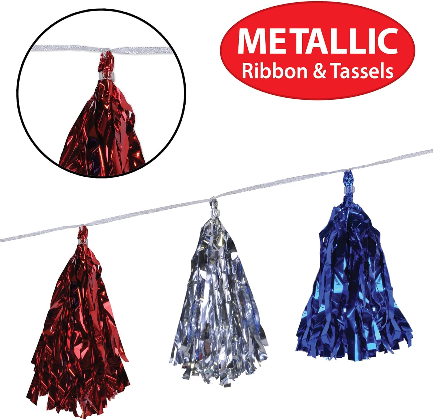 Beistle Beistle , 2 Piece Metallic Tassel Garlands, 9.75" x 8', 9.75" x 8', Red/Silver/Blue