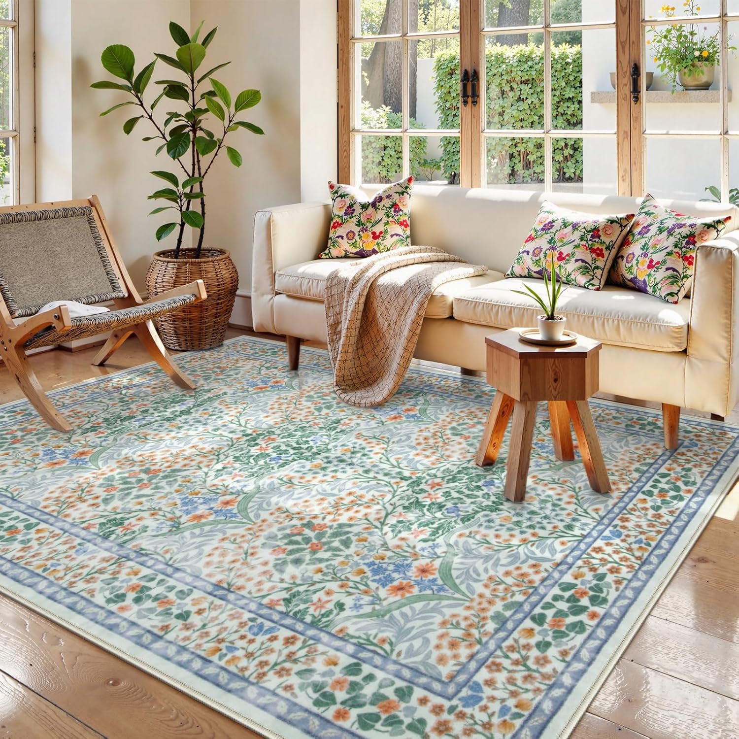 Lahome Floral Dark Green Area Rugs 8x10, Soft 8x10 Washable Rugs for Living Room Bedroom, Boho Non-Slip Forest Large Throw Carpet for Farmhouse Dining Room Office, Dark Green