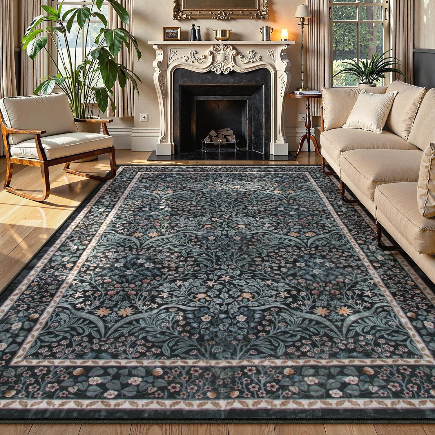 Lahome Floral Dark Green Area Rugs 8x10, Soft 8x10 Washable Rugs for Living Room Bedroom, Boho Non-Slip Forest Large Throw Carpet for Farmhouse Dining Room Office, Dark Green