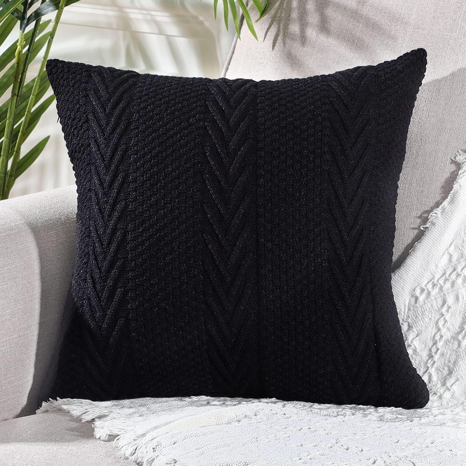MANDIOO Cotton Knitted Decorative Throw Pillow Covers Soft Cozy Outdoor Cushion Cases Luxury Modern Pillowcases for Couch Sofa Bed 24x24 Inches Beige