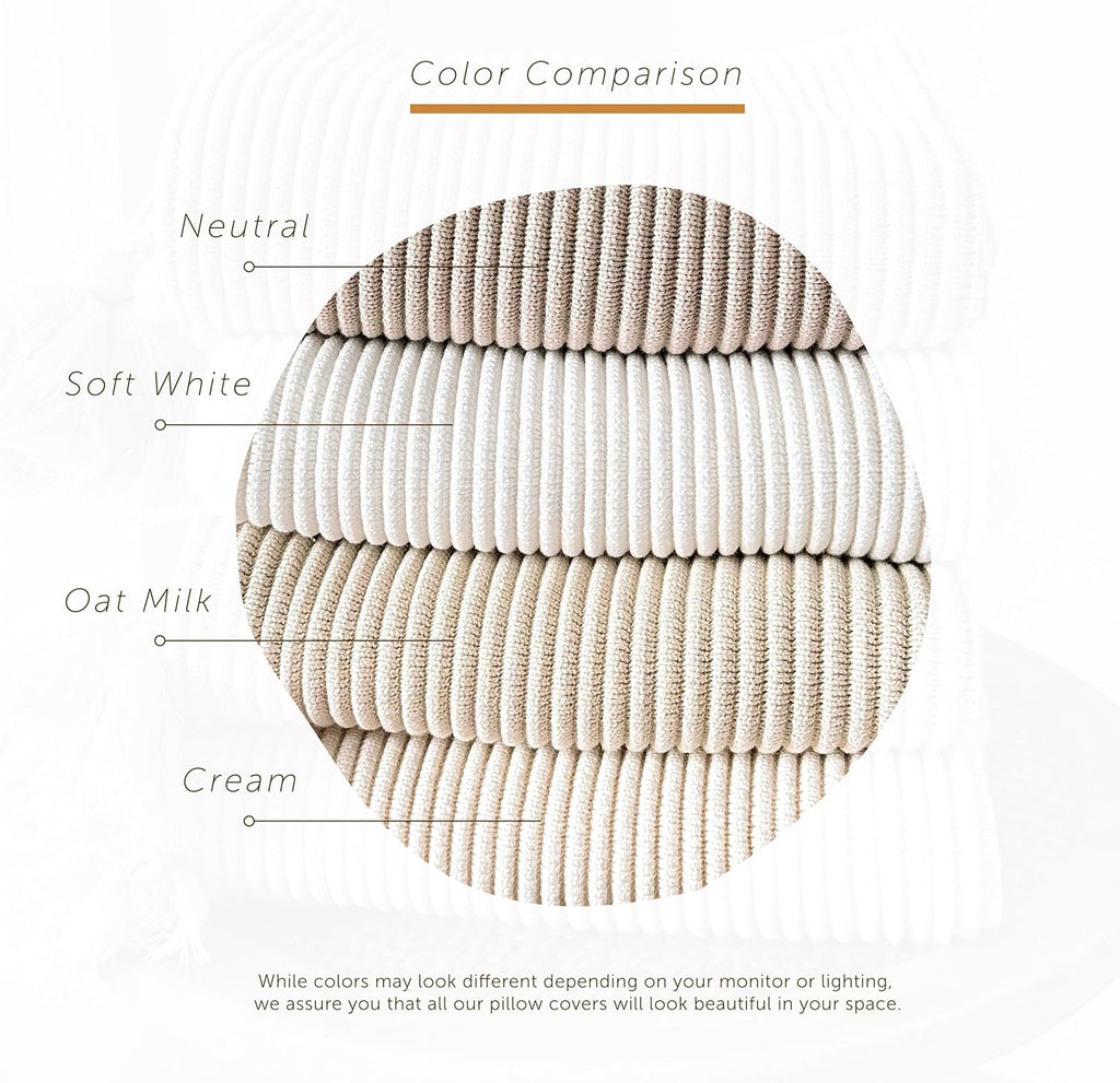 Soft Cotton Throw Pillow Cover in Neutral Beige with Ribbed Knit Texture and Tassel Corners Decorative Accent for Couch or Bed (20x20, Neutral)