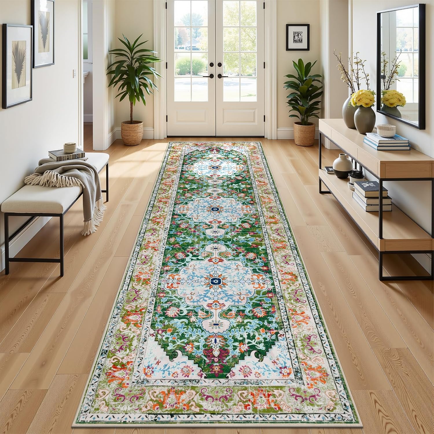 U'Artlines Boho Vintage Area Rug 8x10 Machine Washable Low Pile Soft Floor Carpet Non Slip Non Shedding Accent Rug for Living Room Bedroom Entryway Dining Room Office Cream Tan